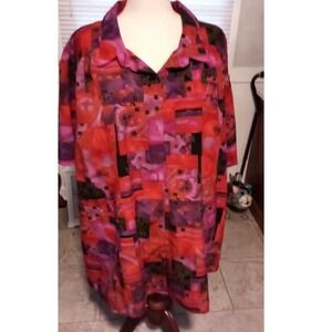 A Personal Touch Red Purple Abstract Patchwork Print Button Down Tunic Top USA